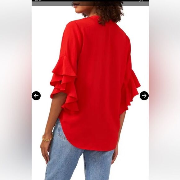 VINCE CAMUTO Ruffle Sleeve Split Neck Blouse Cherry Red size Small. - Picture 2 of 13